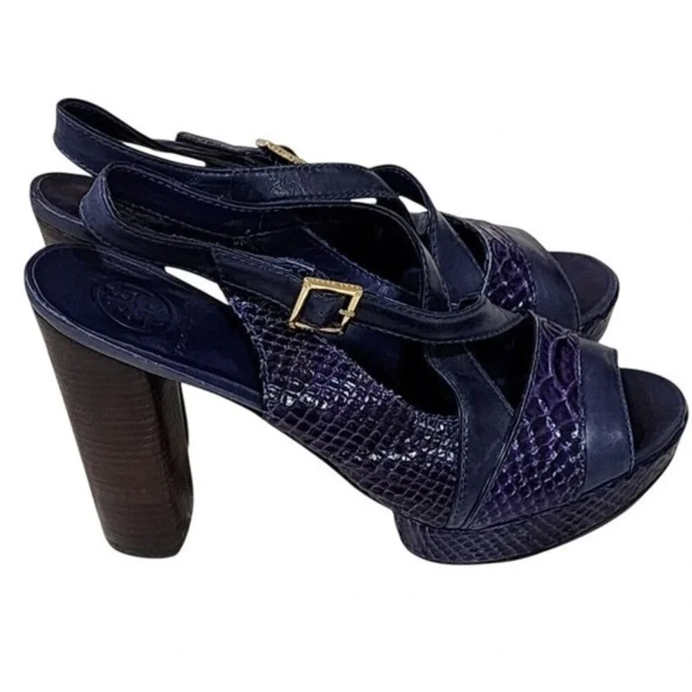Tory Burch Purple‎ Snakeskin Leather Slingback Platform Block Heel Sandals